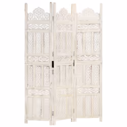 vidaXL Solid Mango Wood Hand carved 3-Panel Room Divider White 120cm Screen