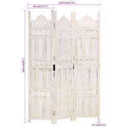 vidaXL Solid Mango Wood Hand carved 3-Panel Room Divider White 120cm Screen