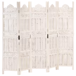 vidaXL Solid Mango Wood Hand carved 5-Panel Room Divider White 200cm Partition