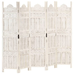 vidaXL Solid Mango Wood Hand carved 5-Panel Room Divider White 200cm Partition