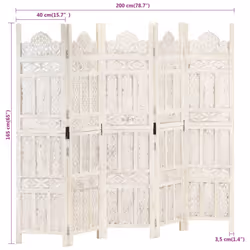 vidaXL Solid Mango Wood Hand carved 5-Panel Room Divider White 200cm Partition