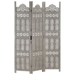 vidaXL Solid Mango Wood Hand carved 3-Panel Room Divider Grey 120cm Partition