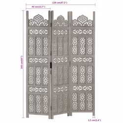 vidaXL Solid Mango Wood Hand carved 3-Panel Room Divider Grey 120cm Partition