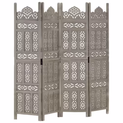 vidaXL Solid Mango Wood Hand carved 4-Panel Room Divider Grey 160cm Screen