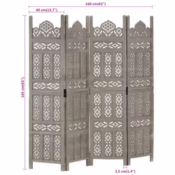vidaXL Solid Mango Wood Hand carved 4-Panel Room Divider Grey 160cm Screen - Additional view 6