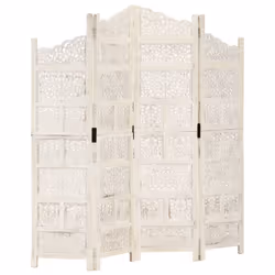 vidaXL Solid Mango Wood Hand carved 4-Panel Room Divider White 160cm Partition