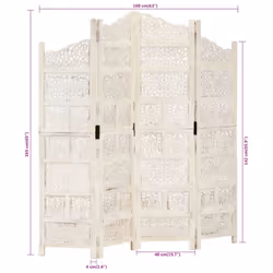 vidaXL Solid Mango Wood Hand carved 4-Panel Room Divider White 160cm Partition - Additional view 6