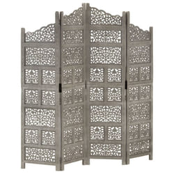 vidaXL Solid Mango Wood Hand carved 4-Panel Room Divider Grey Privacy Screen