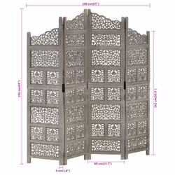 vidaXL Solid Mango Wood Hand carved 4-Panel Room Divider Grey Privacy Screen