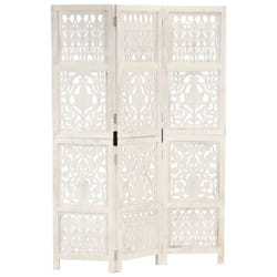 vidaXL Solid Mango Wood Hand carved 3-Panel Room Divider White 120cm Screen