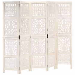 vidaXL Solid Mango Wood Hand carved 5-Panel Room Divider White 200cm Screen