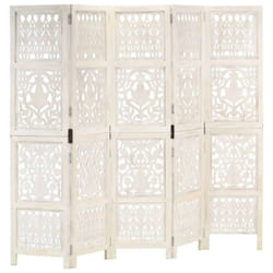 vidaXL Solid Mango Wood Hand carved 5-Panel Room Divider White 200cm Screen