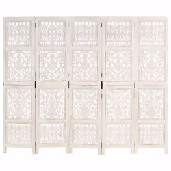 vidaXL Solid Mango Wood Hand carved 5-Panel Room Divider White 200cm Screen - Additional view 5