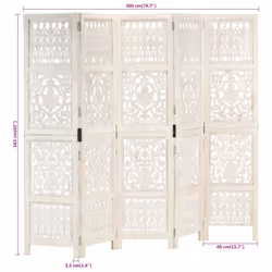 vidaXL Solid Mango Wood Hand carved 5-Panel Room Divider White 200cm Screen - Additional view 6