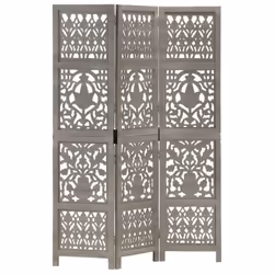 vidaXL Solid Mango Wood Hand Carved 3-Panel Room Divider Grey 120x165cm Screen