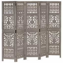 vidaXL Solid Mango Wood Hand Carved 5-Panel Room Divider Grey 200x165cm Screen
