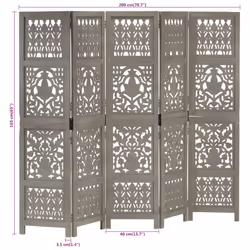 vidaXL Solid Mango Wood Hand Carved 5-Panel Room Divider Grey 200x165cm Screen