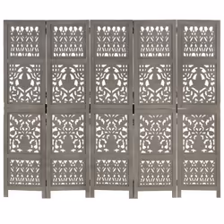 vidaXL Solid Mango Wood Hand Carved 5-Panel Room Divider Grey 200x165cm Screen - Additional view 4