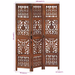 vidaXL Solid Mango Wood Hand Carved 3-Panel Room Divider Brown Furniture