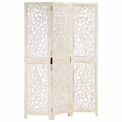 vidaXL Solid Mango Wood Hand carved 3-Panel Room Divider White 120cm Partition