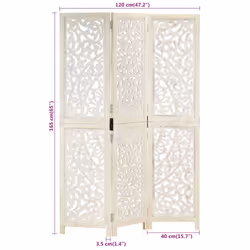 vidaXL Solid Mango Wood Hand carved 3-Panel Room Divider White 120cm Partition - Additional view 6