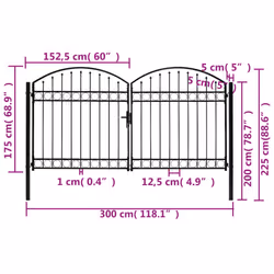 vidaXL Fence Gate Double Door with Arched Top Steel Black Barrier Multi Sizes - 300 x 175 cm