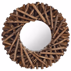 vidaXL Wall Mirror 40 cm Teak Round Wooden Decorative Hanging Mirror Home