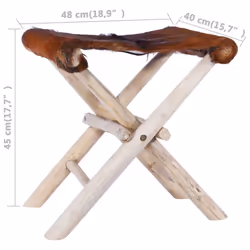 vidaXL Solid Teak Wood Folding Stool Real Leather Collapsible Dining Chair
