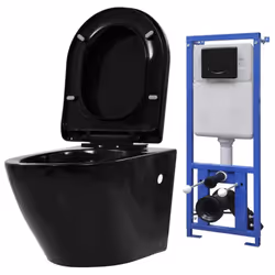 vidaXL Wall Hung Toilet Black WC Pan Soft Close Seat Ceramic Concealed Cistern