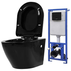 vidaXL Wall Hung Toilet Black WC Pan Soft Close Seat Ceramic Concealed Cistern