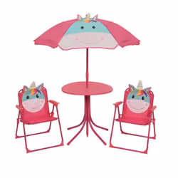 Kids Unicorn Patio Furniture Set Table Chairs & Parasol 4 Piece Pink