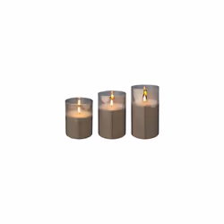 Set of 3 Warm White Battery Operated Christmas Wax Candles with Timer in Grey Glass
