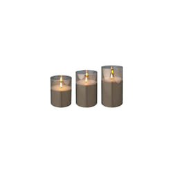 Set of 3 Warm White Battery Operated Christmas Wax Candles with Timer in Grey Glass