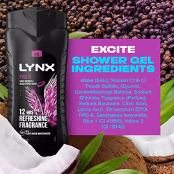 Lynx Excite 12-H Refreshing Shower Gel Body Wash for Men, 6x225ml