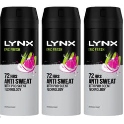 3 x Lynx 72hrs Anti Sweat Anti-Perspirant Body Spray 150ml - Epic Fresh