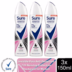 Sure Women 72H Anti-Sweat Anti-Perspirant, 150ml - Buy 3, Invisible Pure
