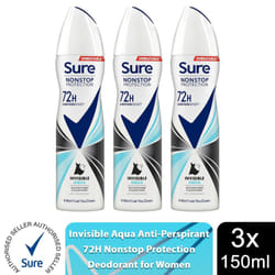 Sure Women 72H Anti-Sweat Anti-Perspirant, 150ml - Buy 3, Invisible Aqua