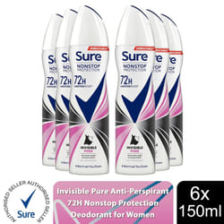 Sure Women 72H Anti-Sweat Anti-Perspirant, 150ml - Buy 6, Invisible Pure