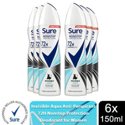 Sure Women 72H Anti-Sweat Anti-Perspirant, 150ml - Buy 6, Invisible Aqua