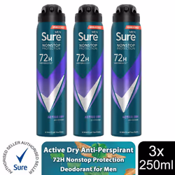 Sure Men AP Deodorant 72H Nonstop Protection 250ml - Active Dry - 3 PK