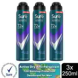 Sure Men AP Deodorant 72H Nonstop Protection 250ml - Active Dry - 3 PK