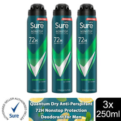 Sure Men AP Deodorant 72H Nonstop Protection 250ml - Quantum Dry - 3 PK