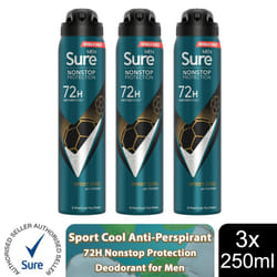 Sure Men AP Deodorant 72H Nonstop Protection 250ml - Sport Cool - 3 PK