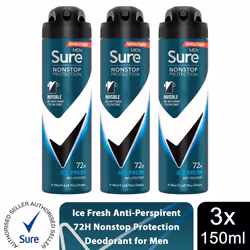 Sure Men 72H Anti-Perspirant Deodorant 150ml - Buy 3, Ice Fresh