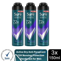 Sure Men 72H Anti-Perspirant Deodorant 150ml - Buy 3, Active Dry