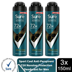 Sure Men 72H Anti-Perspirant Deodorant 150ml - Buy 3, Sport Cool