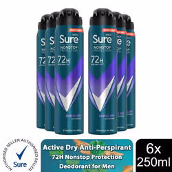 Sure Men AP Deodorant 72H Nonstop Protection 250ml - Active Dry - 6 PK