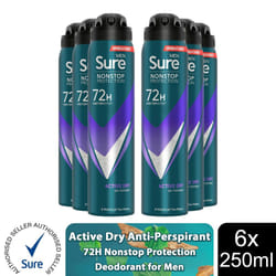 Sure Men AP Deodorant 72H Nonstop Protection 250ml - Active Dry - 6 PK
