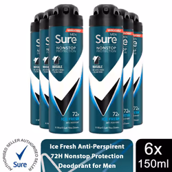 Sure Men 72H Anti-Perspirant Deodorant 150ml - Buy 6, Ice Fresh