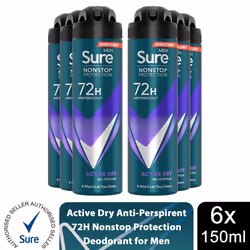 Sure Men 72H Anti-Perspirant Deodorant 150ml - Buy 6, Active Dry